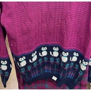 Vintage Cat Sweater Knit Sz L Pink Set Plaid Skirt Retro 70’s New